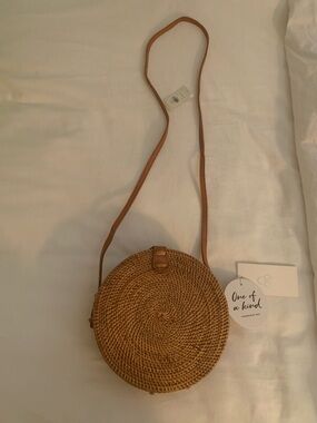 Handwoven Round Straw Crossbody Bag - Brown